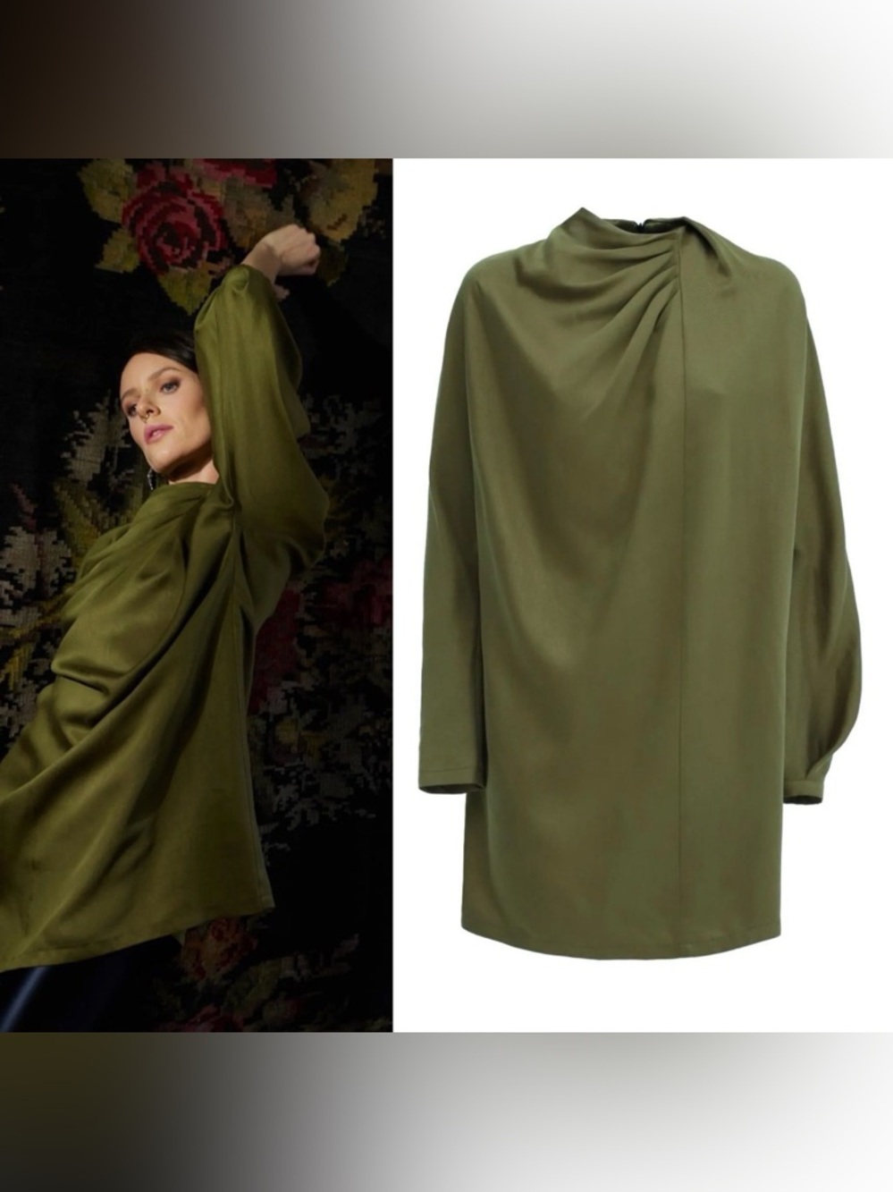Loose-Fit Mini Dress With Draped Neckline Satin Olive
